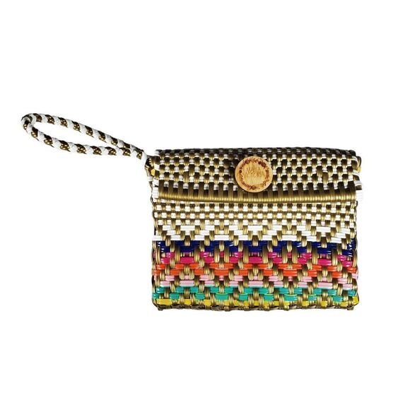 Maria Victoria Sweet Carlota Wristlet Diamond Pattern Gold Colorful Artsy Boho - Picture 1 of 9